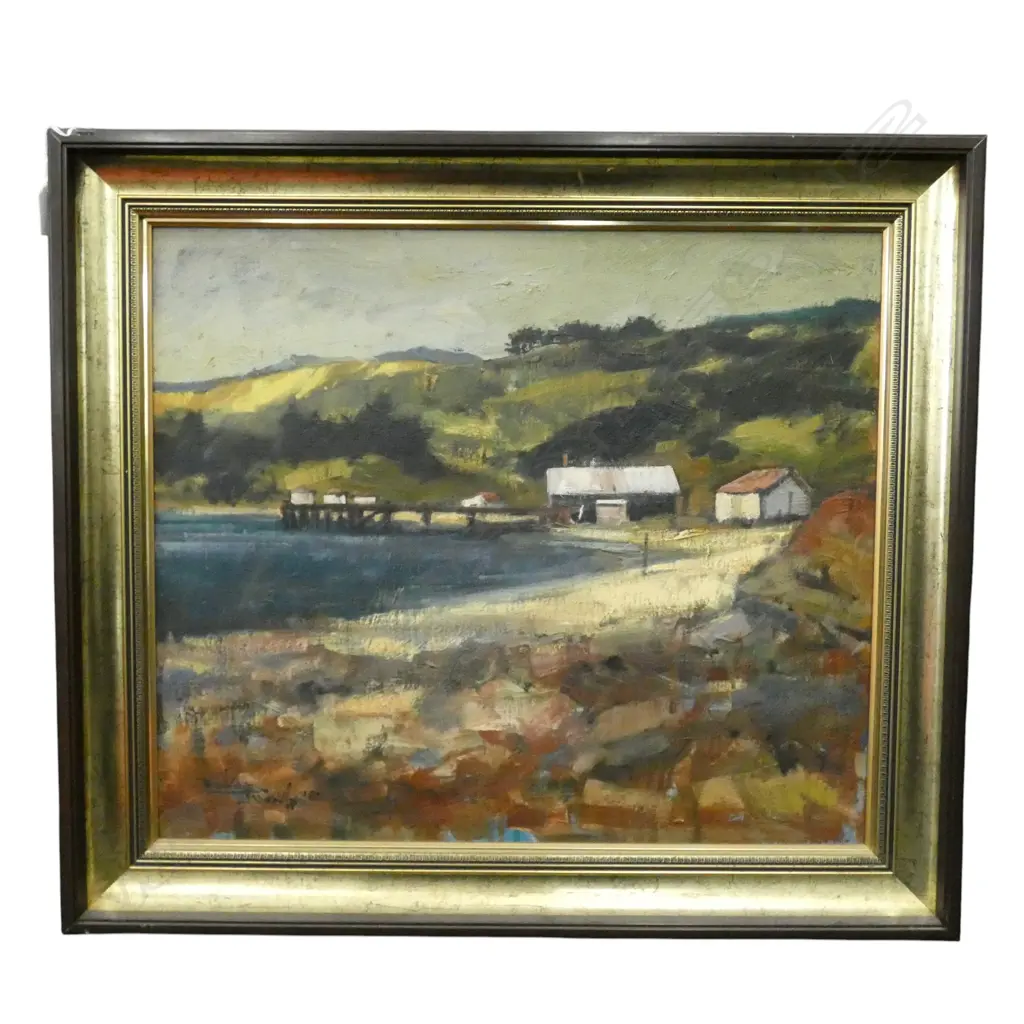 FRAMED OIL ON BOARD PORT WAIKATO SIGNED RUSSELL HOLLINGS H470 W540MM Image 1++