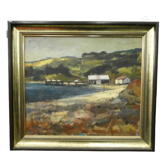 FRAMED OIL ON BOARD PORT WAIKATO SIGNED RUSSELL HOLLINGS H470 W540MM