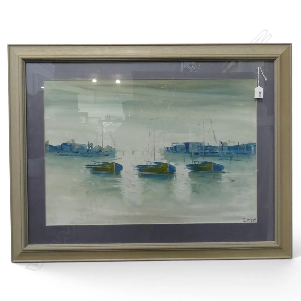 FRAMED OIL ON CANVAS BOATS AT HARBOUR SIGNED THOMSEN H450 W650MM Image 1++
