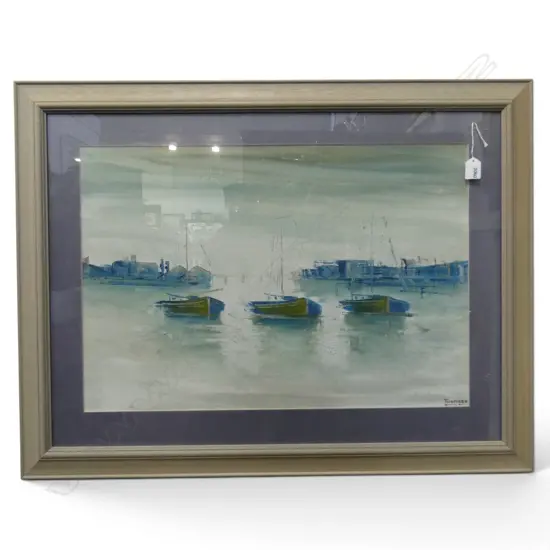 FRAMED OIL ON CANVAS BOATS AT HARBOUR SIGNED THOMSEN H450 W650MM