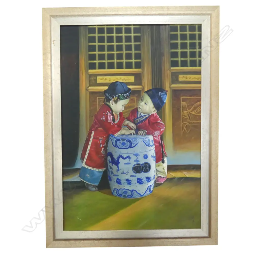 ARTIST UNKNOWN, CHINESE PAINTING OF TWO CHILDREN, ACRYLIC, 880x600mm Image 1++