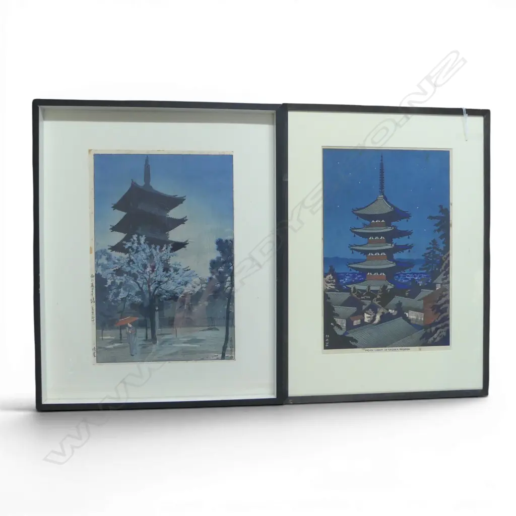 2 JAPANESE WOOD BLOCK PRINTS; 'MOON LIGHT IN YASAKA PAGODA' FOXING 370x245mm Image 1++