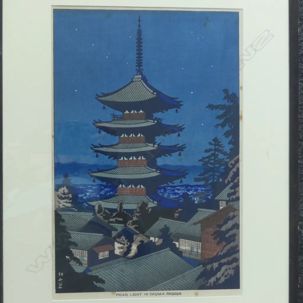 2 JAPANESE WOOD BLOCK PRINTS; 'MOON LIGHT IN YASAKA PAGODA' FOXING 370x245mm Image 1++