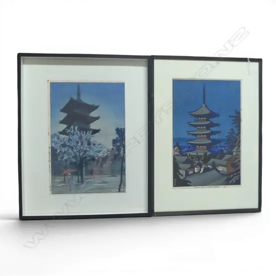 2 JAPANESE WOOD BLOCK PRINTS; 'MOON LIGHT IN YASAKA PAGODA' FOXING 370x245mm
