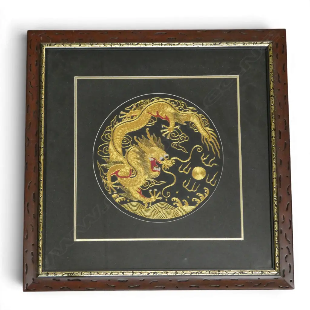 ORIENTAL DRAGON EMBROIDERY, FRAMED 260mm dia (520x520mm overall) Image 1++