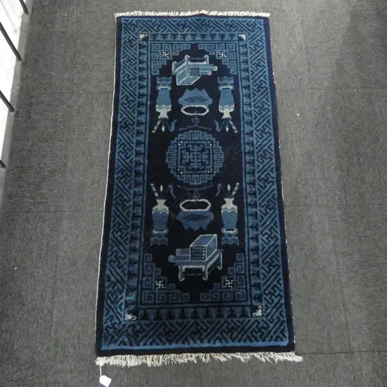 HAND KNOTTED WOOL PILE RUG - BLUE ORIENTAL DESIGN 1360x670mm