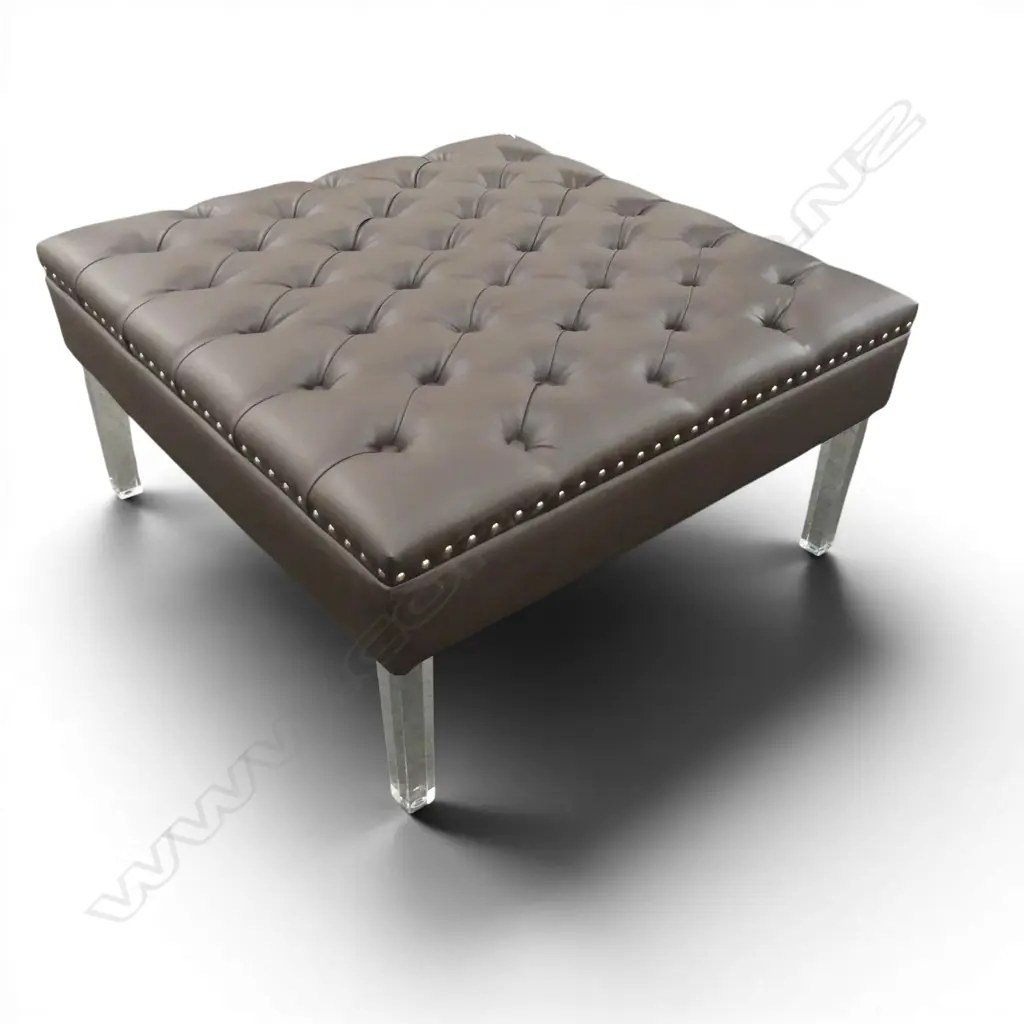 MODERN OTTOMAN; BUTTONED BROWN VINYL w. PERSPEX LEGS 870x870x440mm Image 1++
