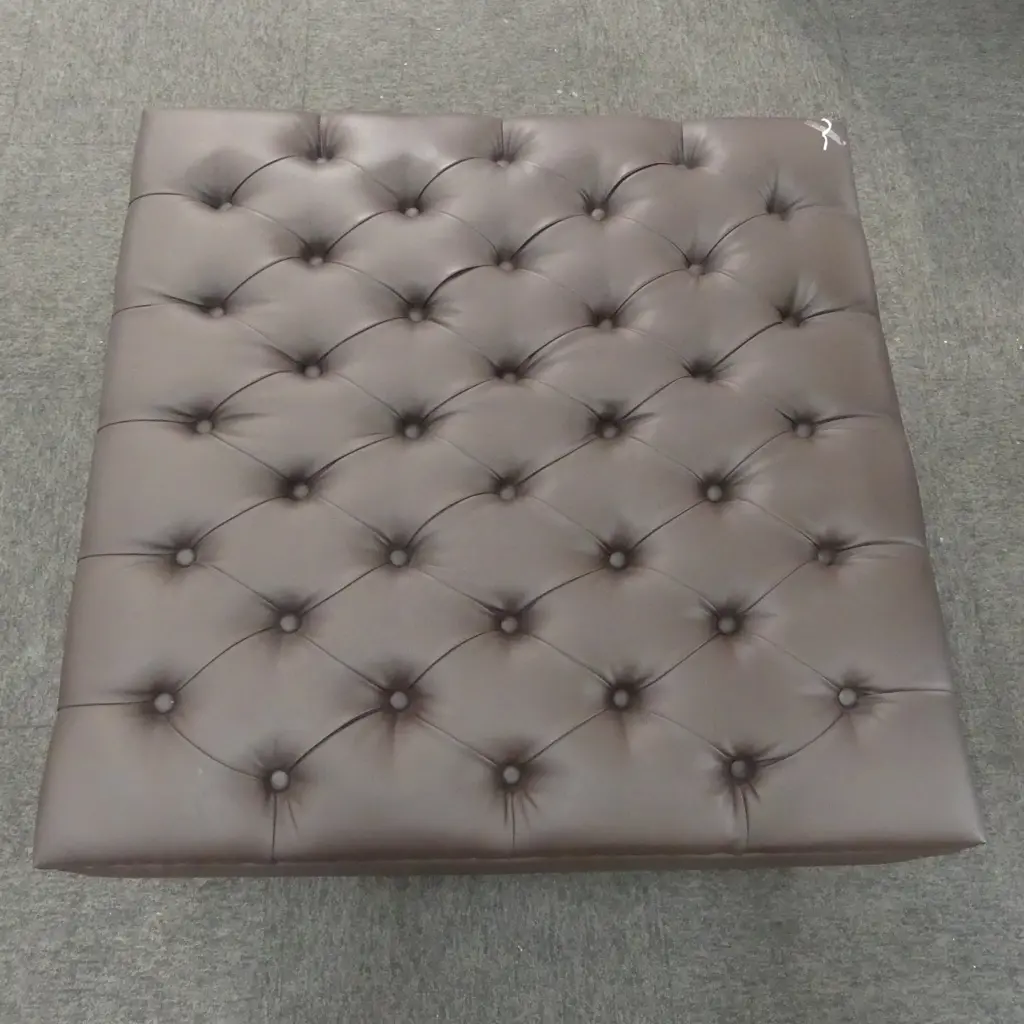 MODERN OTTOMAN; BUTTONED BROWN VINYL w. PERSPEX LEGS 870x870x440mm Image 1++