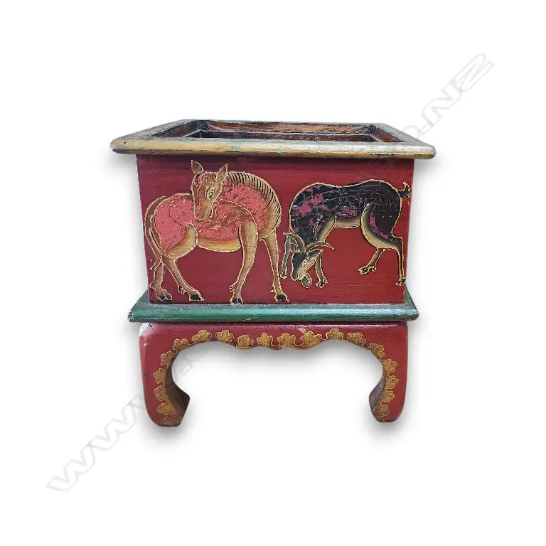 WOODEN PLANTER ON STAND WITH TRADITIONAL ASIAN MOTIFS ALL AROUND 300w x 300d x 300h MM Image 1++