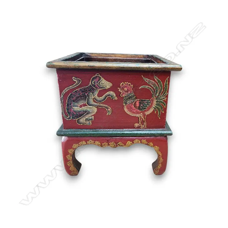 WOODEN PLANTER ON STAND WITH TRADITIONAL ASIAN MOTIFS ALL AROUND 300w x 300d x 300h MM Image 1++