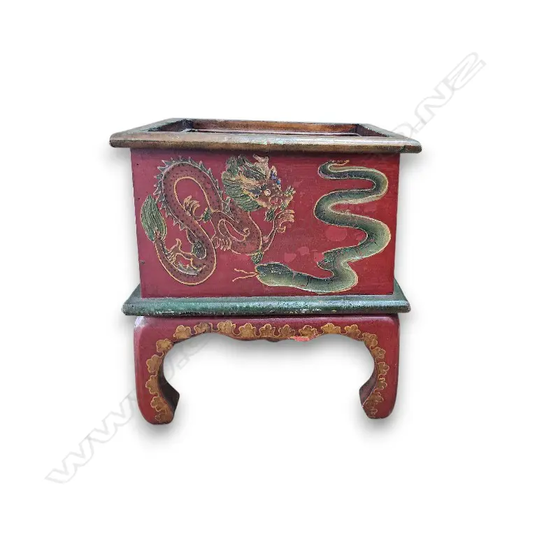 WOODEN PLANTER ON STAND WITH TRADITIONAL ASIAN MOTIFS ALL AROUND 300w x 300d x 300h MM Image 1++