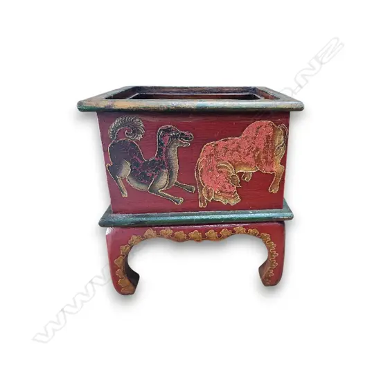 WOODEN PLANTER ON STAND WITH TRADITIONAL ASIAN MOTIFS ALL AROUND 300w x 300d x 300h MM