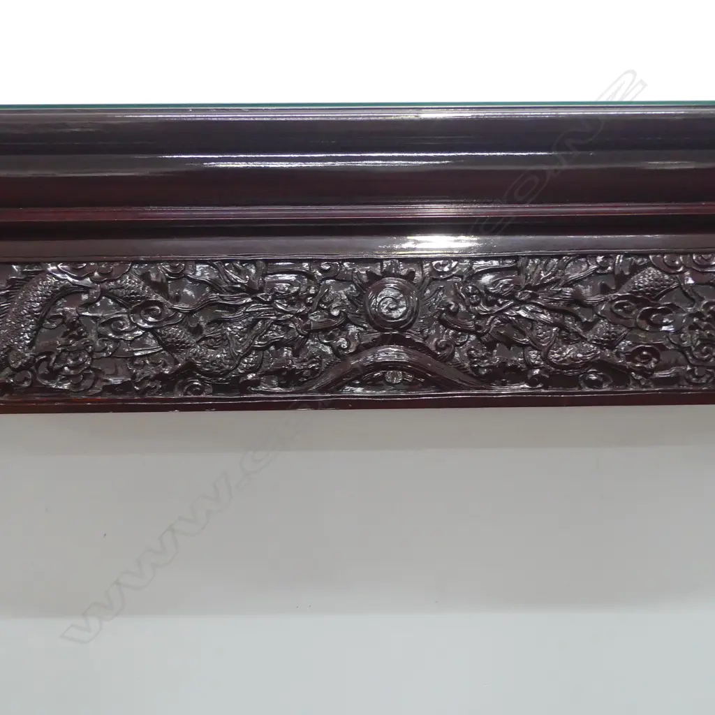EXTRA LARGE CHINESE ALTAR TABLE SIDEBOARD dark red brown lacquer finish. Glass top 2140x690x1280mm Image 1++