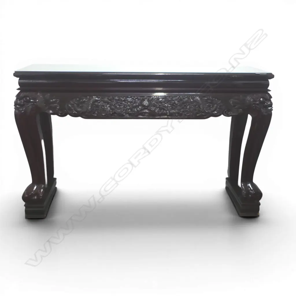 EXTRA LARGE CHINESE ALTAR TABLE SIDEBOARD dark red brown lacquer finish. Glass top 2140x690x1280mm Image 1++