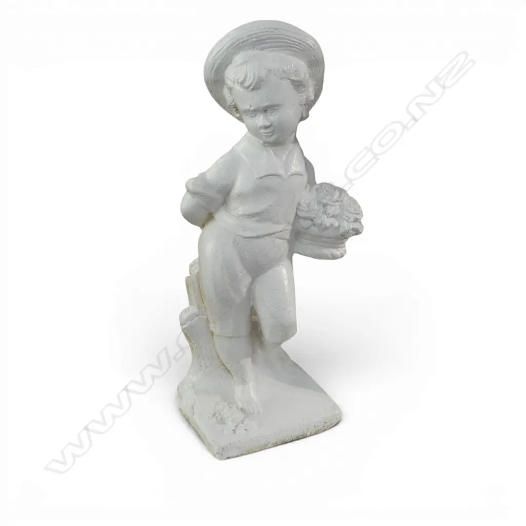 WHITE PAINTED CONCRETE BOY w. FLOWERS H.670mm Image 1++