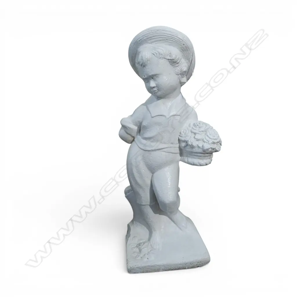 WHITE PAINTED CONCRETE BOY w. FLOWERS H.670mm Image 1++