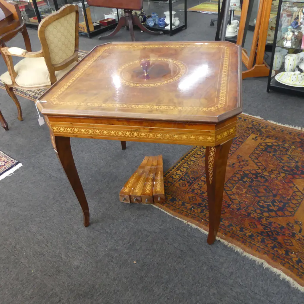 ITALIAN SORRENTO INLAID GAMES TABLE including set of shorter legs, top marked 840x840x630mm Image 1++
