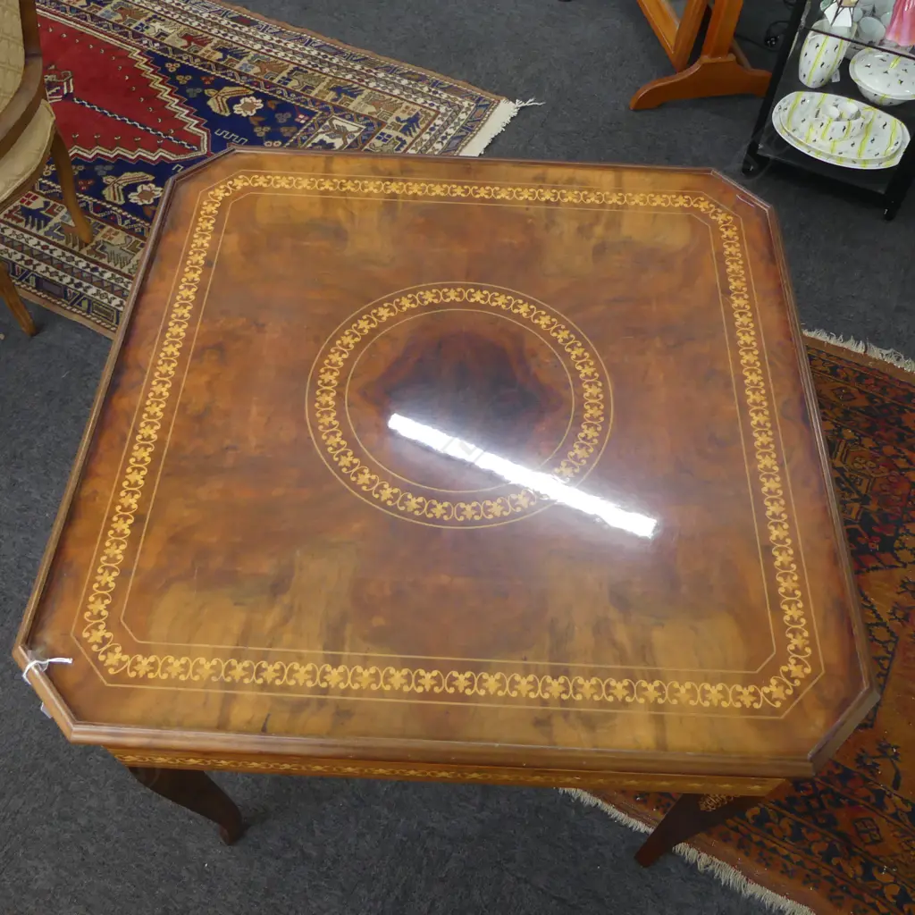 ITALIAN SORRENTO INLAID GAMES TABLE including set of shorter legs, top marked 840x840x630mm Image 1++