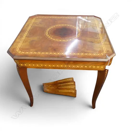 ITALIAN SORRENTO INLAID GAMES TABLE including set of shorter legs, top marked 840x840x630mm