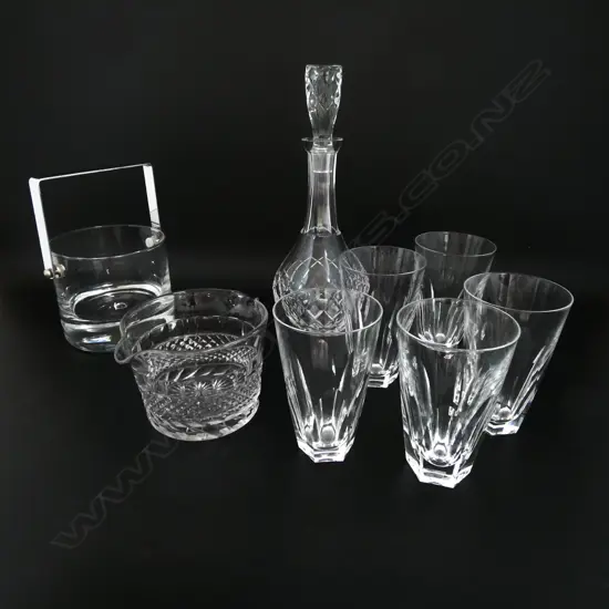 6 WATERFORD CRYSTAL GLASSES H.125mm, DECANTER, SML ICE BUCKET & WINE GLASS RINSER