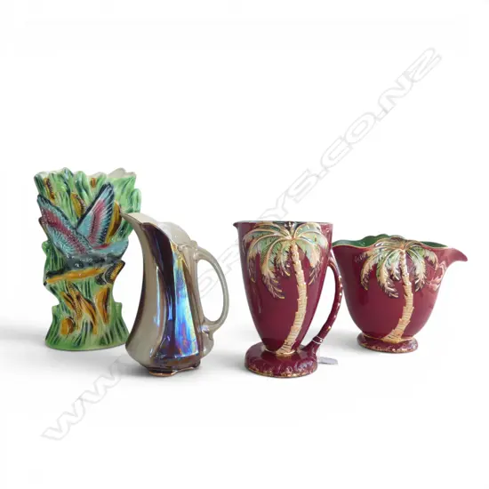 4 PCES CHINA; BESWICK PALM VASE & JUG H.235mm, KALMAR VASE, ROYAL WINTON JUG