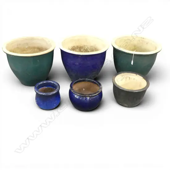 6 GLAZED GARDEN PLANTER POTS (3 LARGE H.370mm, 480mm dia)