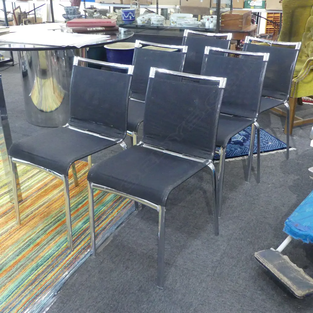 6 CONTEMPORARY DINING CHAIRS; SILVER METAL FRAME, BLACK WEBBING SEAT Image 1++