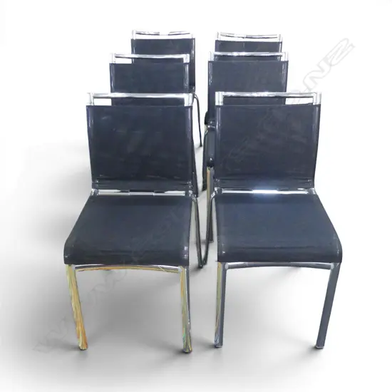 6 CONTEMPORARY DINING CHAIRS; SILVER METAL FRAME, BLACK WEBBING SEAT