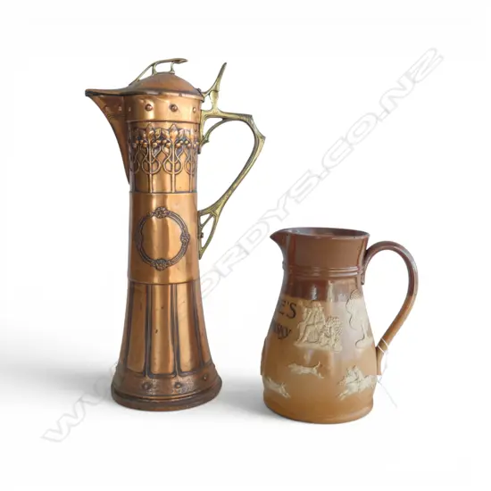 2 JUGS; COPPER H.380mm, DOULTON LAMBETH STONEWARE H.190mm