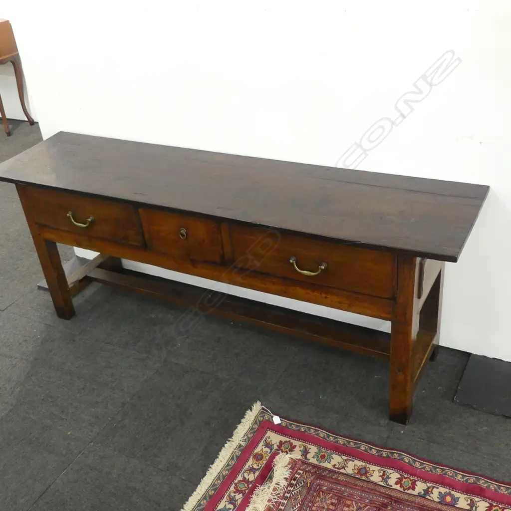 RUSTIC OAK HALL / CONSOLE TABLE w. PLANK TOP & STRETCHER BASE 2000x500x800mm Image 1++