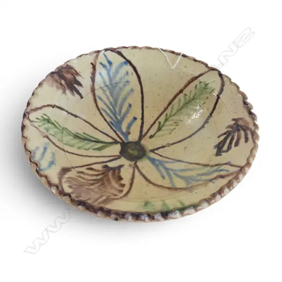 GLAZED TERRACOTTA BOWL w SCALLOPED RIM, Dia.290mm, some glaze losses