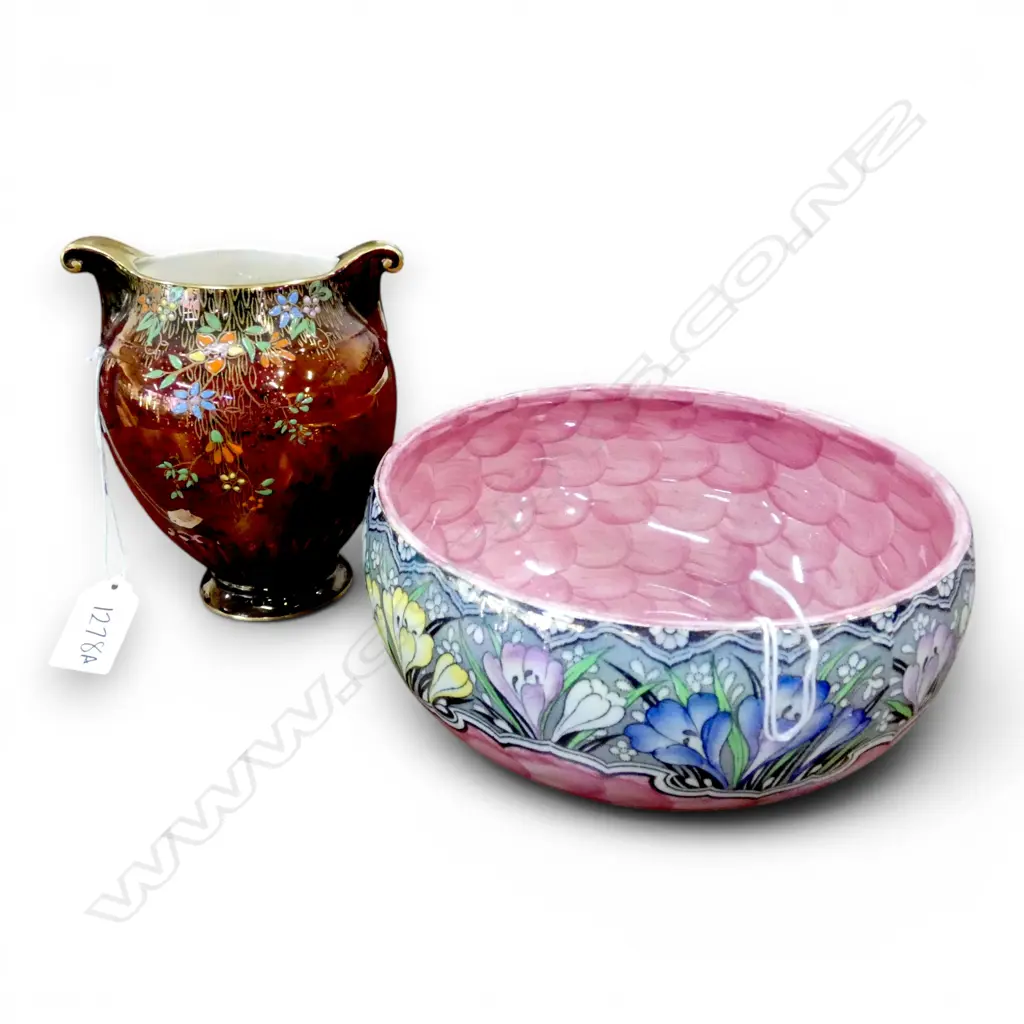 MALING CHINA PINK LUSTER BOWL DIA190MM  & CROWN DEVON ROUGE ROYAL VASE H140MM Image 1++