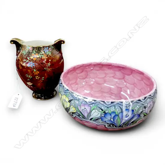MALING CHINA PINK LUSTER BOWL DIA190MM  & CROWN DEVON ROUGE ROYAL VASE H140MM