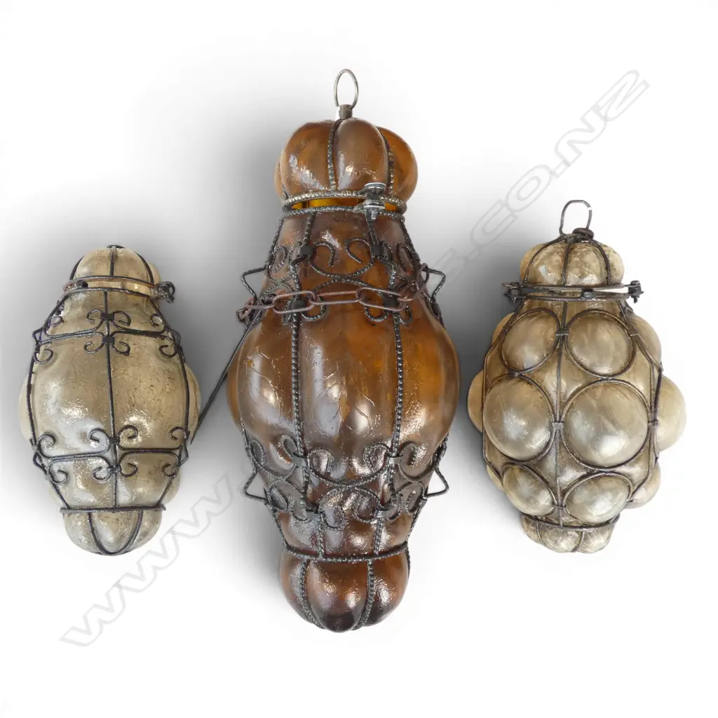 3 MODERN ANTIQUE STYLE CAGED GLASS PENDANT SHADES H.450mm Image 1++