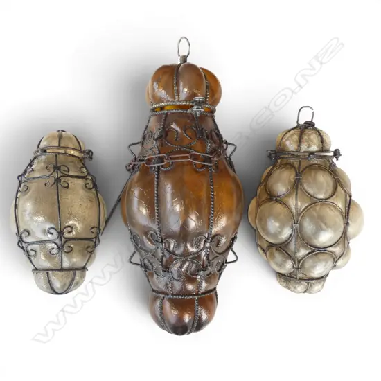 3 MODERN ANTIQUE STYLE CAGED GLASS PENDANT SHADES H.450mm