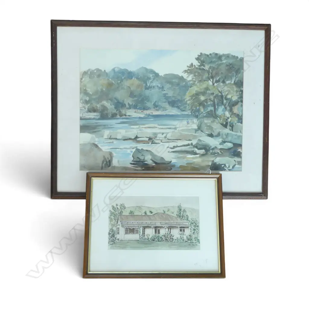 W. HORNELL? UNTITLED RIVER, WATERCOLOUR, 360x490mm + JOHN CLARE W/C OF A COUNTRY COTTAGE 150x260mm Image 1++