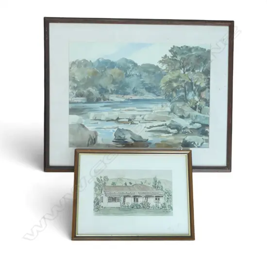 W. HORNELL? UNTITLED RIVER, WATERCOLOUR, 360x490mm + JOHN CLARE W/C OF A COUNTRY COTTAGE 150x260mm
