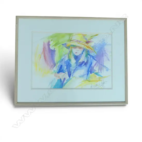 FRAMED W/C CHILD IN COLOURS SIGNED ANGELA WATSON H370 W550MM FOXING