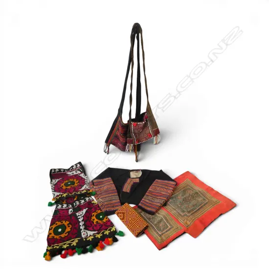 6 EMBROIDERED ETHNIC TEXTILES; CHILDS DRESS, JACKET, APRON, 2 BAGS, WALLET