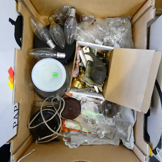 BOX OF CHANDELIER PARTS + STANDS ETC
