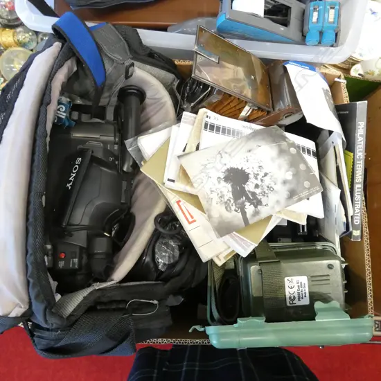 2 BOXES OF ASST. PHOTOGRAPHY CAMERA BOOKLETS, HANDYCAMS, VINTAGE CAMERS most lacking lenses ETC