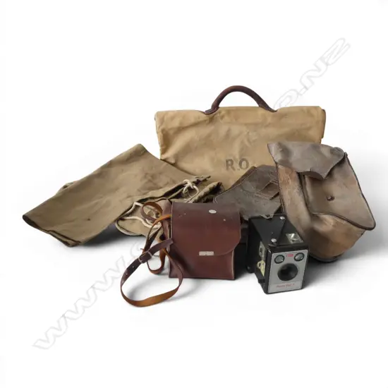N.Z. MOUNTED RIFLES WWI SADDLE BAGS, WWII KIT BAG 2nd NZEF 96313, BROWNIE CAMERA, etc