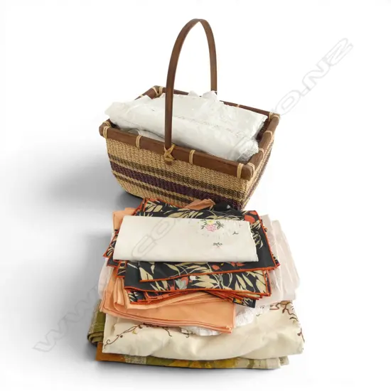WICKER BASKET L370MM OF VINTAGE LINEN TABLECLOTHES ETC