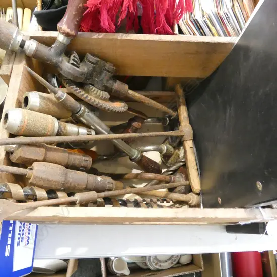 OLD HAND DRILLS IN CRATE + ALLAN RUSSELL BALL 1941 'IMPROVEMENTS IN SCISSORS' PATENT APPLICATION & MODEL