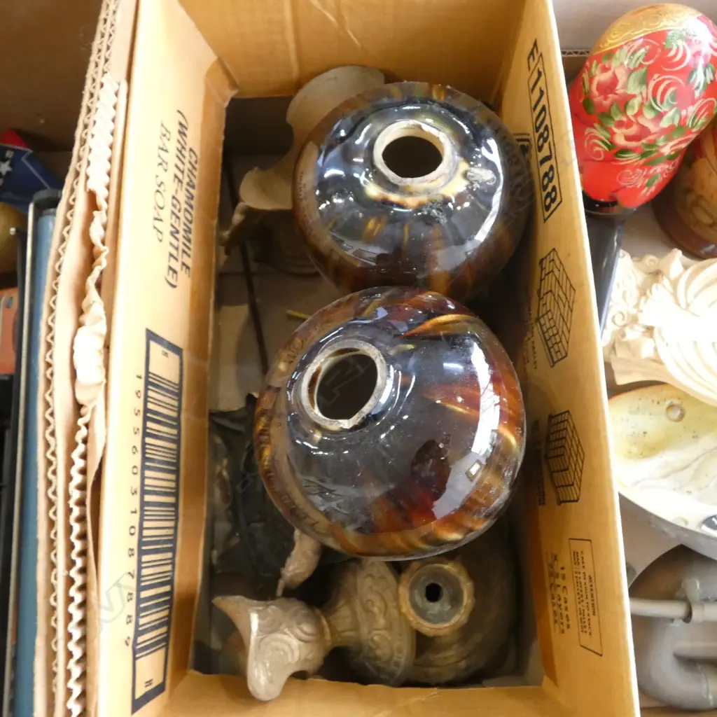 2 PROBABLY MILTON URNS with gilt metal mounts. Faults & not assembled. Bodies ok & glaze is correct.  Image 1++