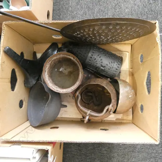 2 VICTORIAN SHOE LASTS, METAL BOUND BUCKET, LANTERN, POT, ANTIQUE CHESTNUT ROASTER etc