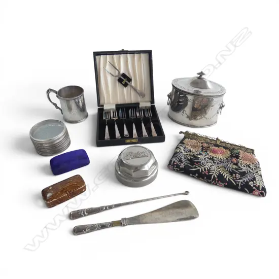 ASST. SILVER PLATED ITEMS Incl. ETCHED GLASS COASTERS, BUICK CAP & ORIENTAL PURSE