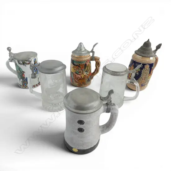 6 VINTAGE LIDDED BEER STEINS H210MM TALLEST