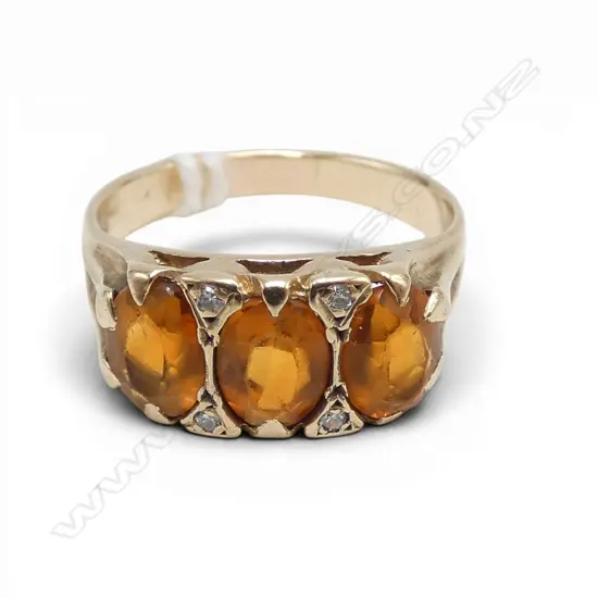 9ct GOLD & 3 STONE CITRINE RING with 4 small diamonds. Size Q. 4.25gms