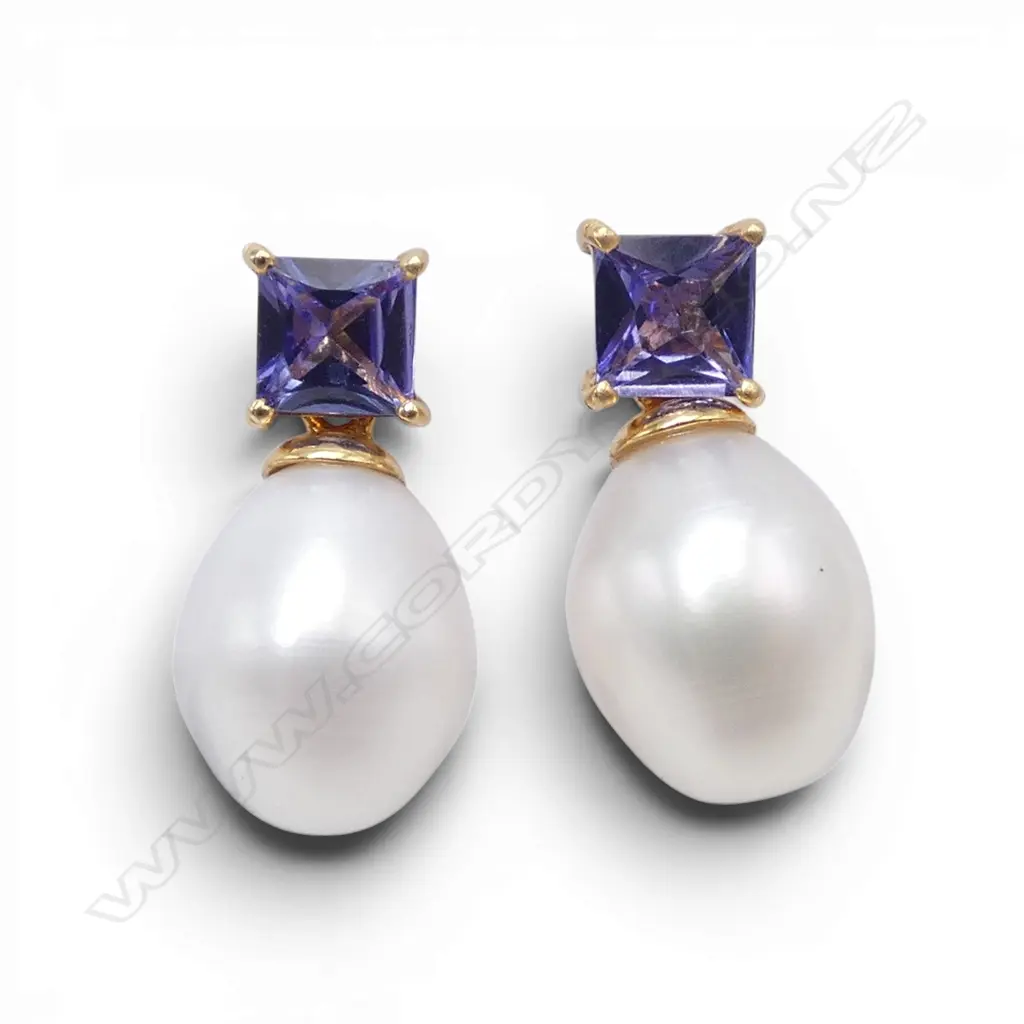 14ct GOLD, TANZANITE & PEARL EARRINGS, STUDS 4.31gm Image 1++